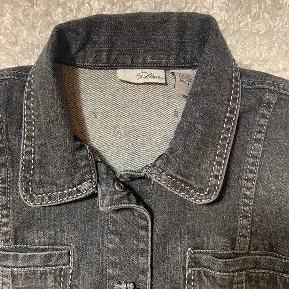 Chico’s Platinum Jean Jacket rhinestone buttons L - Picture 5 of 8